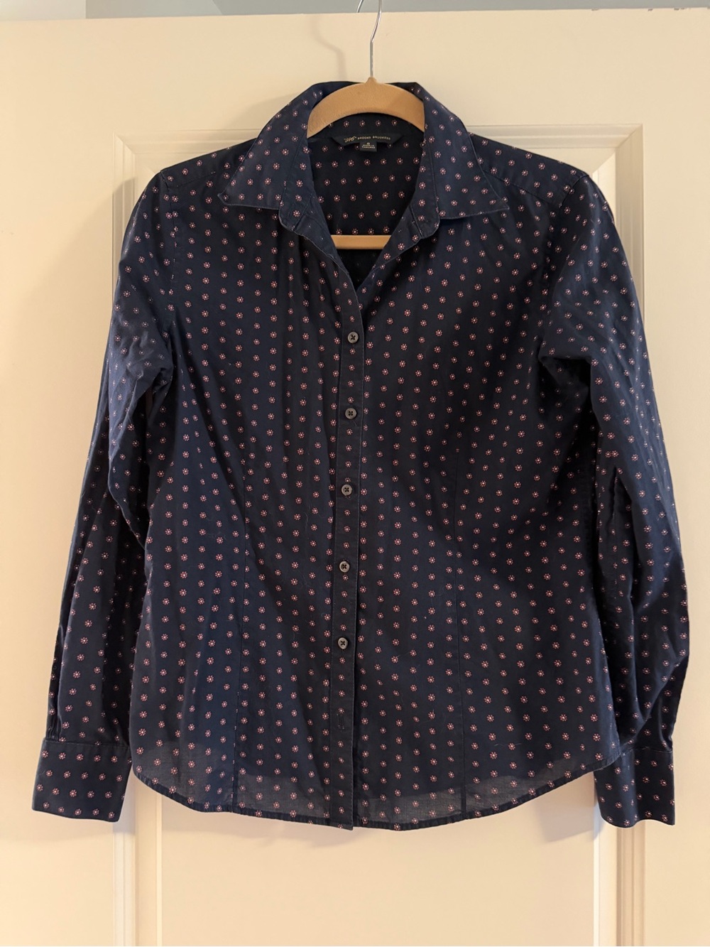 Brooks Brothers Navy Button-Up Blouse with Pink Dot Pattern